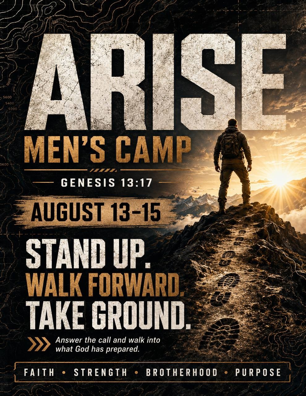 Arise Men's Camp promotional artwork with men gathered around a campfire, Genesis 13:17, August 13-15